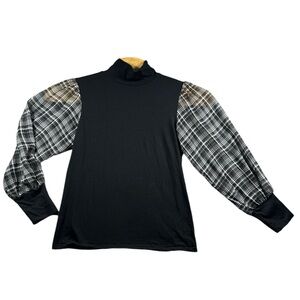 Loft Long Sleeve Mixed Media Black Check Plaid Sleeve Top